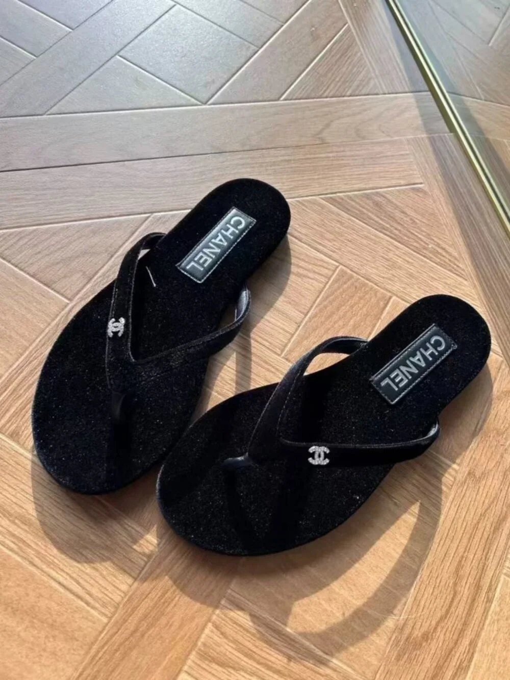 Chanel Velvet Flip-Flop Sandals